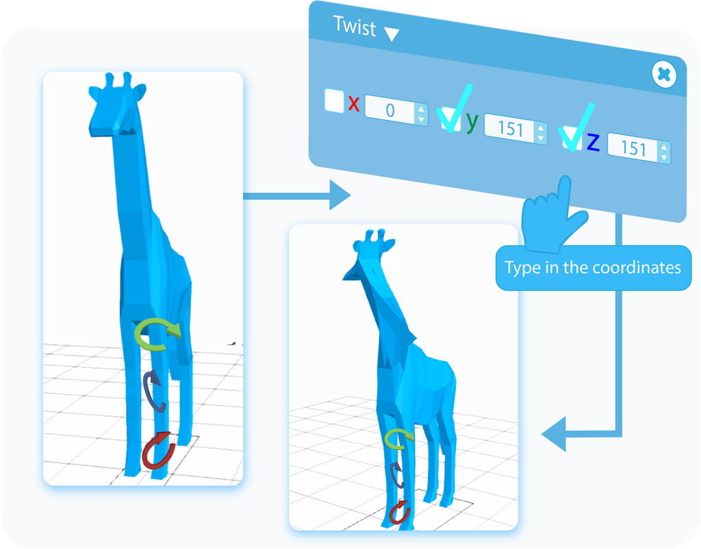 Twist the selected object by typing in the angle of rotation into text-boxes